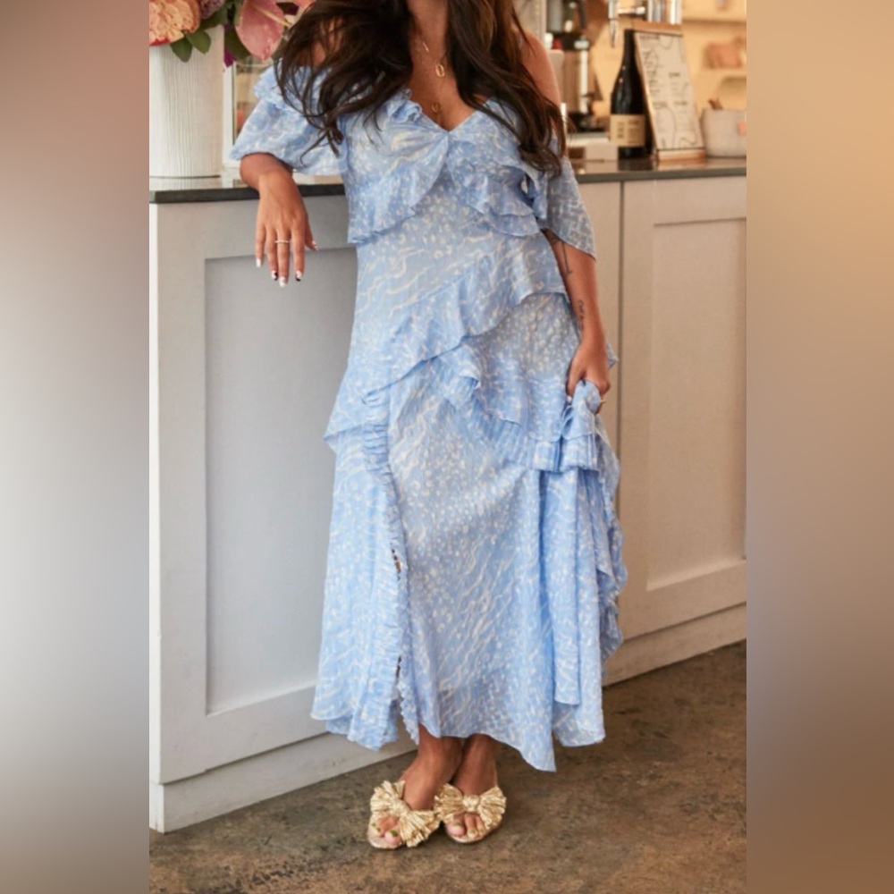 Tanya Taylor Light Blue Ruffle One-Shoulder Maxi Dress